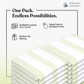 HEIRLOOM COMFORT Lemon Green Stripe Kitchen Towels (5 Pack), 100% Cotton, Multi Pin Striped, Super Absorbent & Durable Dish Cloths, Quick Dry Towel Set for Drying Dishes, Everyday Kitchen Cleaning