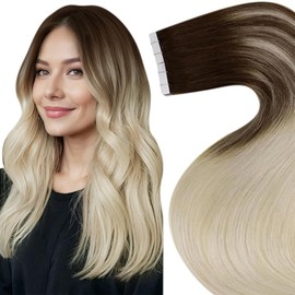 LaaVoo Tape in Extensions Human Hair Brown Ombre Blonde Tape in Human Hair Extensions Light Brown Fading to Platinum Blonde Human Hair Invisible Tape in Extensions 18Inch 50g 20pcs
