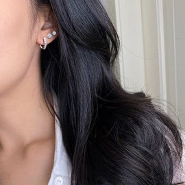 Stud Earrings Set Silver Stud Earrings Small Hoop Sleeper Cartilage Huggie Silver Earrings for Women Girls Men, Silver, Zircon