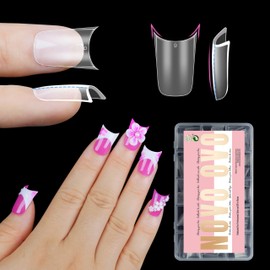 NOVO OVO Extra Thick Short Duck Feet Nail Tips Full Cover for Press on Acrylic with Moon Curve, Short Clear Pre-Etched Matter Flare Wide French Soft Gel Fake False Nail Extension x 15 Sizes 240 pcs
