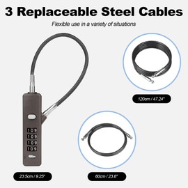 Versatile Cable Lock – 4-Digit Combination Lock with 3 Interchangeable Steel Braided Ropes (9” / 23.6” / 47.2”) – Ideal for Bikes, Scooters, Snowboards, Cabinets, and Gates (Gun-Grey)
