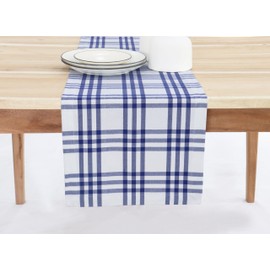 PurpleEssences Homestead Plaid Table Runner 14 x 108 inch Classic Farmhouse 100% Cotton Checkered Table Runner Spring Summer Easter - Blue and White