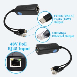 REVODATA Type C Port PoE Splitter Gigabit 5V/3A, PoE to USB-C 5V/3A Output, Gigabit Ethernet Comply IEEE802.3af/at, Plug and Play