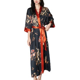 Vivi Idee Women's Light Sexy Dressing Gown Kimono Long Satin Sauna Bathrobe Sleeping Gown One Size, Black Red Willow View