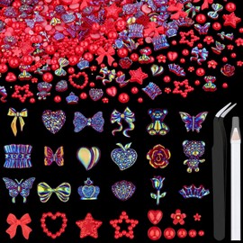 120 PCS 3D Nail Charms Butterfly Bow Star Heart Bear Shiny Jewels with 3D Flowers and Flat Pearls, Over 300 PCS Cute Charms in Total with Pickup Tools for Nail Art Decoration(Red)