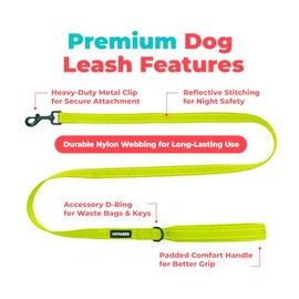 Voyager Reflective Dog Leash with Neoprene Handle, 5ft Long, Supports Small, Medium, and Large Breed Puppies, Cute and Heavy Duty for Walking, Running, and Training - Lime Green (Leash), S