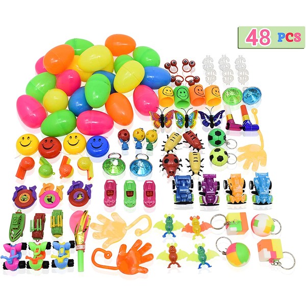 Toys Filled Easter Eggs, 48 Pieces - Filled Surprise Eggs, Colorful Prefilled Plastic Easter Eggs with Different Kinds of Little Toys – Perfect for Easter Egg Hunt for Kids
