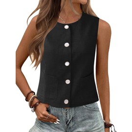 Rapbin Women's Waistcoat Vest Crew Neck Tank Tops for Women Black Vest Button Down Casual Outfits(Black_S*)