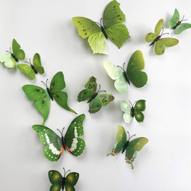 36pcs 3D Colorful Butterfly Wall Stickers DIY Art Decor Crafts for Party Nursery Classroom Offices Kids Girl Boy Baby Bedroom Bathroom Living Room Magnets and Glue Sticker Set (GREEN-single wing)