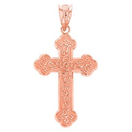 Religious Jewelry 10k Rose Gold Eastern Orthodox Floral Rose Cross Pendant