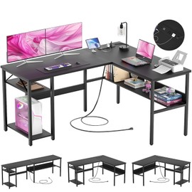 Hyomdeck Hyomdeck Reversible L Shaped Computer Desk with Power Outlets and USB Charging Ports, Sturdy Corner Desk with Storage Shelf, Modern Work Gaming Table for Home Office, Easy to Assemble, Black