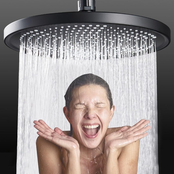 10 Inch Fixed Shower Head – Round Rain Shower Head, Anti-Limescale Shower Head, Large Water Saving and High Pressure Rain Shower, 25 cm (Black)