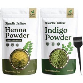 Shudh Online Polvo De Índigo Orgánico Y Polvo De Henna Negra Para El Cabello (7 Oz - 3,5 Oz Cada Uno) - Henna Índigo Natural Para Teñir El Cabello - Color De Cabello Negro (200 G)