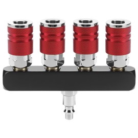 QWORK 4-Way Straight Air Manifold, 5 Ports, 1/4" NPT, Aluminum Line Type Air Compressor Splitter with 4 Couplers & Plugs