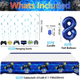 Video Game Party Decorations - 8th Birthday Decorations for Boys, HAPPY BIRTHDAY Banner, Video Game Balloons, Number 8 Blue Balloons, Candles, Gaming Hanging Swirls, Game On Birthday Party Supplies