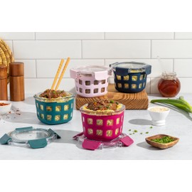 Ello Ello Duraglass 4-Pack 2 Cup Reusable Glass Container Jar with Leak Proof Lids and Protective Silicone Sleeves | Perfect for Overnight Oats, Yogurt | BPA-Free | Dishwasher Safe | Evening Orchard