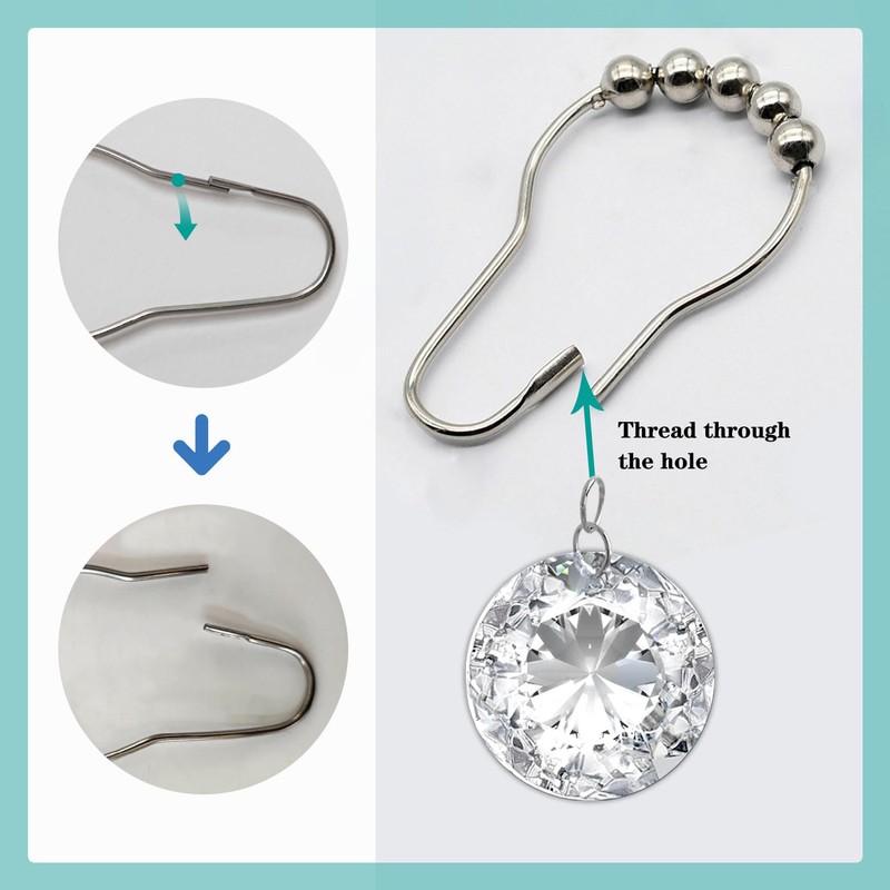 Crystal Shower Curtain Hooks Decorative Clear Bling Rings Cute Girly