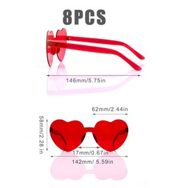 KINBOM Pack of 8 Heart Sunglasses, Stylish Rimless Heart Glasses, Transparent Rimless Sunglasses for Women Girls for Summer Party Birthday Party Stag Night (Red), red