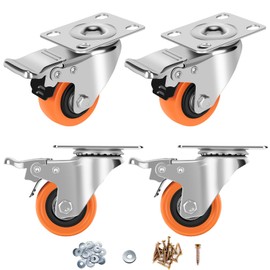 ASRINIEY Caster Wheels, 2" Casters Set of 4 Heavy Duty - Locking Casters Orange Polyurethane Wheel, Swivel Plate Caster with Brake, Non-Marking Castor Wheels for Carts Furniture and Workbench