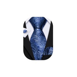 Barry.Wang Blue Paisley Ties Silk Necktie Set Handkerchief Cufflinks