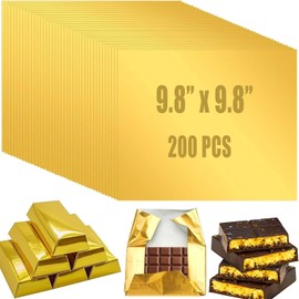 Xurise Chocolate Bar Wrappers, 100pcs 5.5x5.5 inch Large Candy Bar Packaging, Gold Foil Sheets Wrapper for Hommemade Candy, Caramels, Granola Bar Packaging (200pcs golden, 9.8x9.8inch)