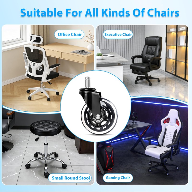 5 Pack Heavy Duty Rubber Office Chair Caster Wheels, Universal