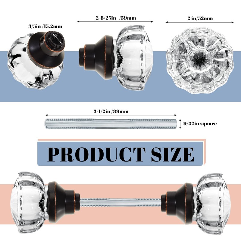 Amylove 2 Set Glass Door Knobs Mortise Style Fluted Crystal