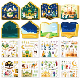Jremreo Eid Mubarak and Ramadan Kareem Craft Kit - 48 PCS DIY Mosque Scene Stickers for Kids, Create Your Own Religious Label Decal, Ornament for Eid Al-fitr Party