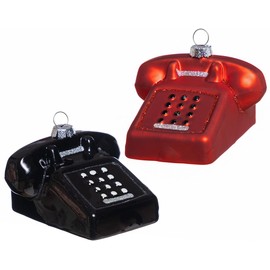 2 Pack Hand Blown Glass Retro Telephone Ornaments for Christmas Tree, Hand Painted Glass Landline Desk Phone Ornament