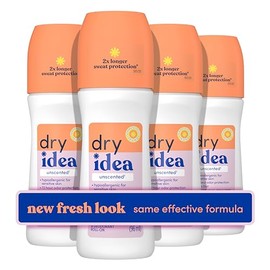 Dry Idea Dry Idea Roll-On Deodorant & Antiperspirant | 2X Longer Sweat Protection | 72-Hour Odor Protection | Unscented & Hypoallergenic for Sensitive Skin, 3.25 oz. (4-Pack)