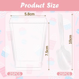 25PCS Plastic Dessert Cups with Spoons CHUNLINLAODA-150ml Mini Dessert Cups with Spoons Square Desser/t Cu/ps Reusable Clear Square Plastic Desser/t Cup/s for Desse/rt Pudding Party (Transparent 1)