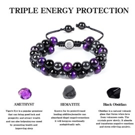 ZPEXRV Triple Protection Bracelet 8mm Purple Tiger Eye Obsidian and Hematite Bracelet Natural Crystal Gemstone Healing Bracelet Can Relieve Anxiety and Bring You Good Luck, Health and Happiness