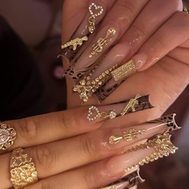 Leopard Print Press on Nails Long Square Fake Nails French Tip False Nails with 3D Jewel Charm Rhinestone Designs Full Cover Acrylic False Nails Glue on Nails Y2K Nails for Women 24 Pcs