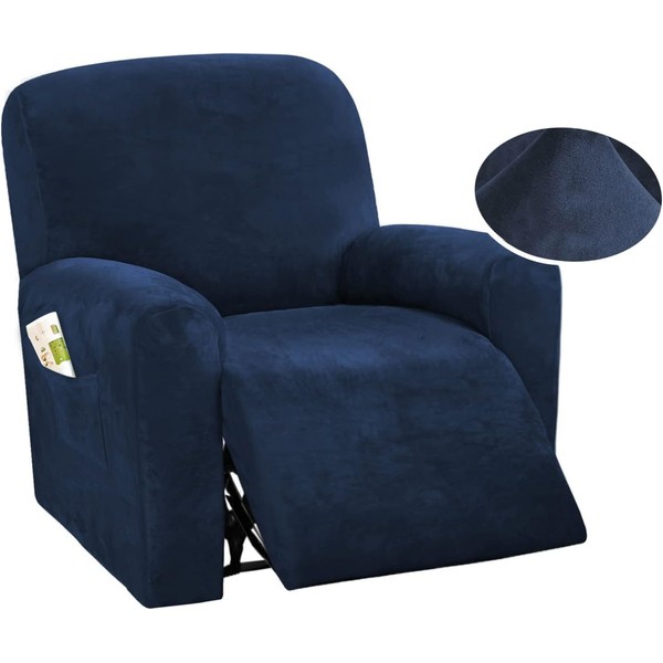 DSECHCRSL Velvet Recliner Chair Cover with Side Pocket, 4 Piece Non Slip Recliner Sofa Cover 1 Seat Stretch Recliner Cover Form Fitted Thick Soft Washable for Living Room, Pet, Kids,Navy blue