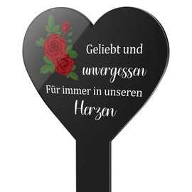 Photect Heart Grave Stake Black Acrylic Grave Decoration with Engraving Geliebt Und unvergessen Für Immer in Unseren Herzen Memorial Plaque Grave Decoration Weatherproof Garden Stake for Grave