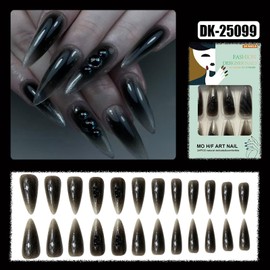 CHAONENG Long Press on Nails Stiletto Fake Nails with Designs Rhinestone Stick on Nails Glitter False Nail Black Gradient Acrylic Nail Glossy Artificial Nail Full Cover for Women Girl 24Pcs