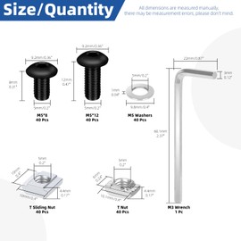Glarks 201pcs M5 T Slot Nut and Button Head Socket Cap Screw Kit for 2020 Series Aluminum Extrusion, 40pcs 2020 Series T Nut and 40pcs T Sliding Nut, 80pcs Hexagon Socket Screw with 40pcs Flat Washers