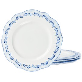 fanquare 11 Inch Porcelain Dinner Plates Set of 4, Elegant Blue Grass Ring Plates for Steak, Microwave Safe