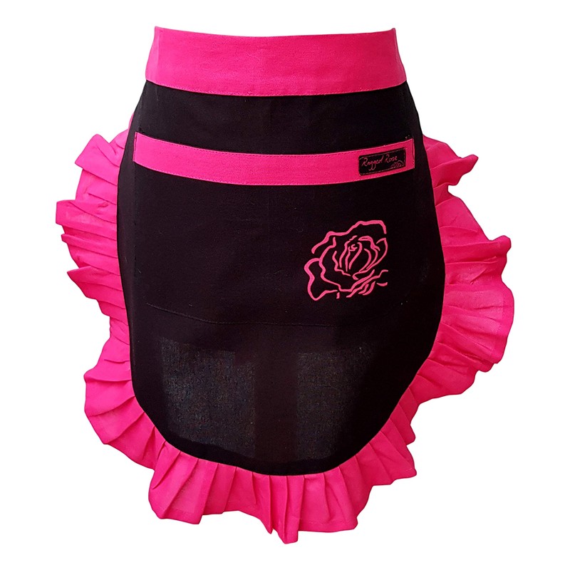 Ragged Rose Frilly Half Apron, cotton, Black and Pink, one