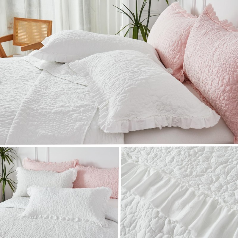 WINLIFE Bright White Ruffled Quilt Set 3pcs Queen 90''x98'' -