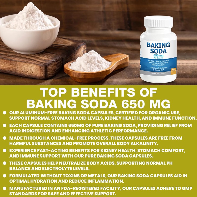 Natural Baking Soda Capsules - 650mg Baking Soda Tablets for