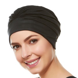 BEEMO Swim Caps for Women Swimming Turban Polyester Latex Lined Pleated for Ladies - Black
