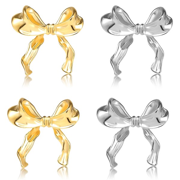 BSOON Bow Earrings 2 Pairs Bow Earrings Gold and Silver Bow Stud Earrings Women's Band Earrings Hypoallergenic Cute Christmas New Year Party Jewellery for Women, Cubic Zirconia