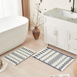 Douceur - Tapete de baño bohemio para piso de baño, antideslizante, mezcla acrílica, lindas alfombras de baño con borlas, diseño étnico tribal azul y blanco, 24 x 36 pulgadas
