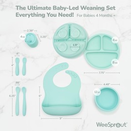 WeeSprout Baby Led Weaning Bundle, Silicone Suction Bowl, Spoons, Bib & Cup, Develops Self Feeding Skills, Dishwasher Safe (Green)