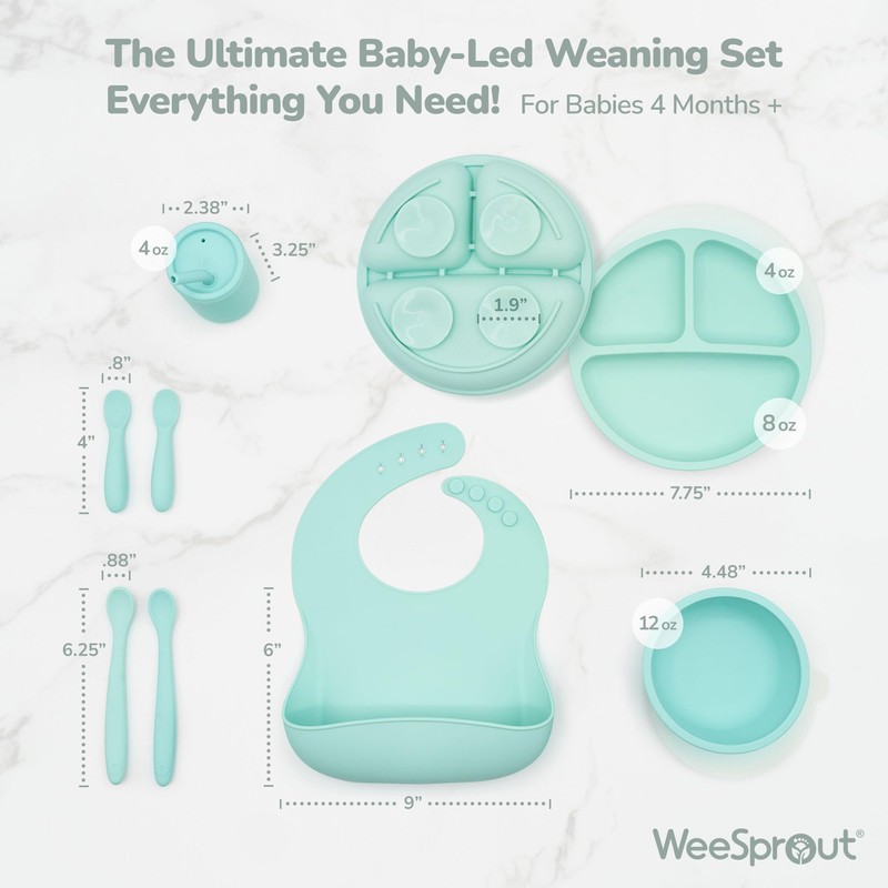 WeeSprout Baby Led Weaning Bundle, Silicone Suction Bowl, Spoons, Bib