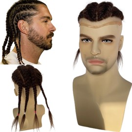Voloria 12" Long Braid Hair Men's Toupee Human Hair Replacement System for Men Braided Wigs 10"x8" Base Size #3 Dark Brown Color
