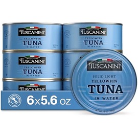 Tuscanini Italian Solid Light Yellowfin Tuna in Water 5.6oz (6 Pack) | Gluten Free, Soy Free, Mineral Enriched, Kosher for Passover, Product of Italy