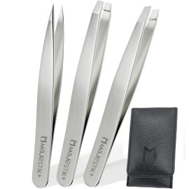 Tweezers Set 3 PCs Stainless Steel Tweezers Set with Leather Case Slant Straight and Pointed Tip Tweezers Best Use for Eyebrow Ingrown Nose Hair Splinters By Majestik+