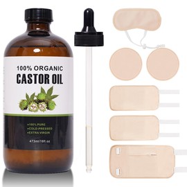 NEJUATY Castor Oil Organic Cold Pressed Unrefined Glass Bottle (16oz/473ml), 6 Pcs Castors Oils Pack Wrap Organic Cotton Kit, Reusable Castor Oil Compress Pads for Neck Waist Chest Knee